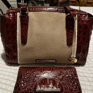 Brahmin Brown and Cream Croc-Embossed Satchel